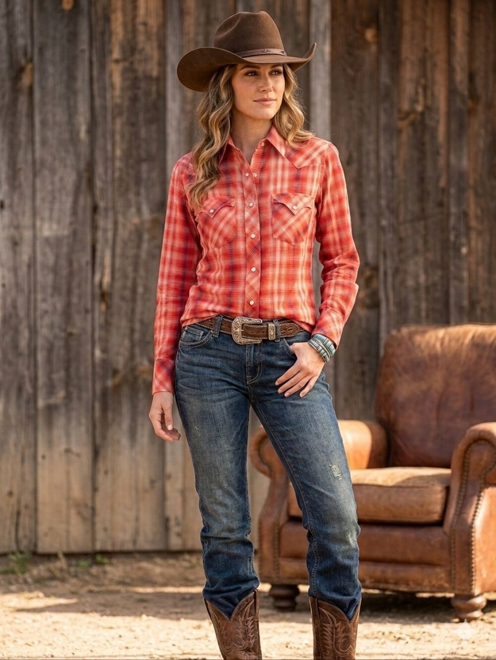 Women's Red Plaid Button-Down Shirt